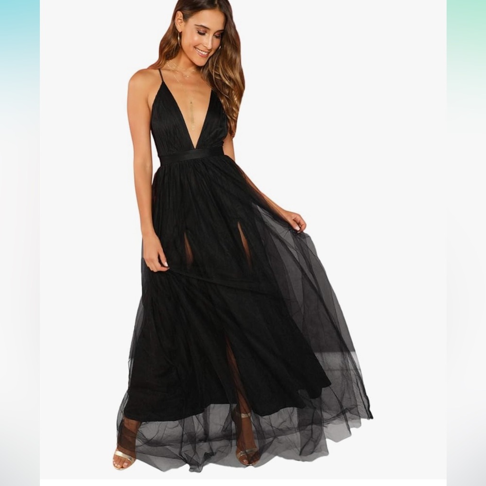 Women’s Plunging Neck Spaghetti Strap Maxi Cocktail Party Dress - Black - New
